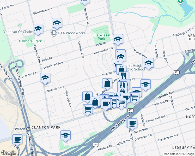 map of restaurants, bars, coffee shops, grocery stores, and more near in Toronto