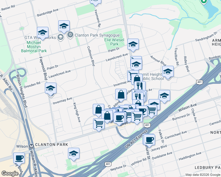 map of restaurants, bars, coffee shops, grocery stores, and more near 41 Invermay Avenue in Toronto