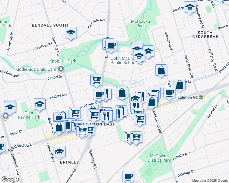 map of restaurants, bars, coffee shops, grocery stores, and more near 20 Trudelle Street in Toronto