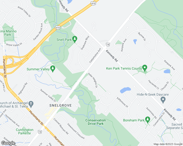 map of restaurants, bars, coffee shops, grocery stores, and more near 4 Inder Heights Drive in Brampton