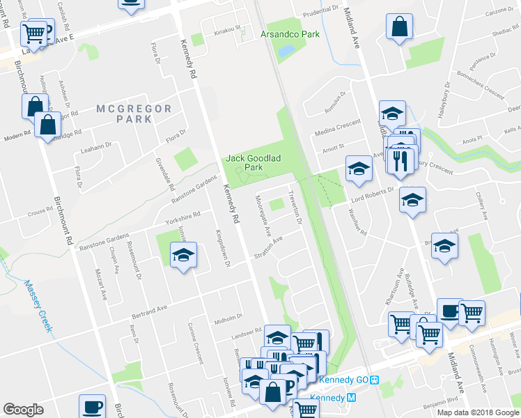 map of restaurants, bars, coffee shops, grocery stores, and more near 44 Mooregate Avenue in Toronto