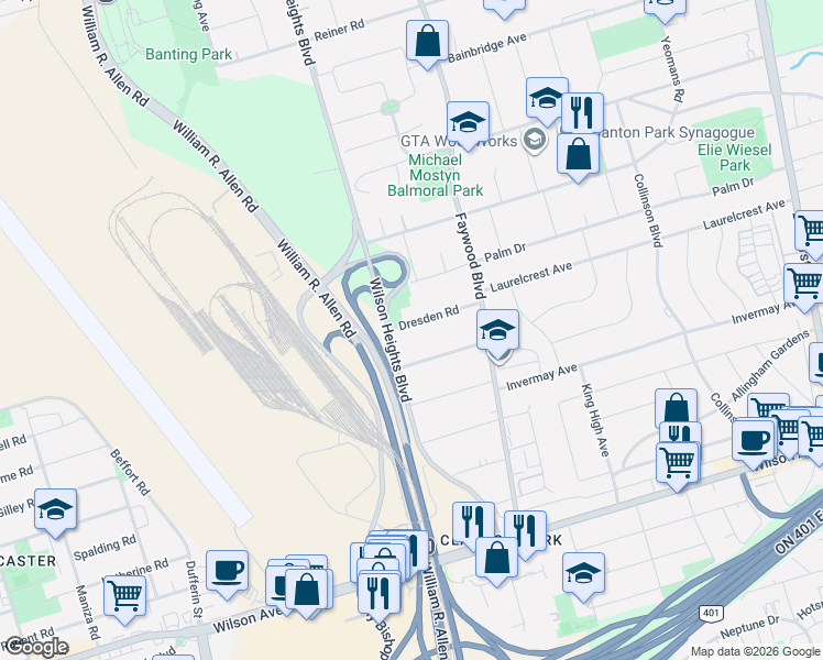 map of restaurants, bars, coffee shops, grocery stores, and more near 25 Dresden Road in Toronto