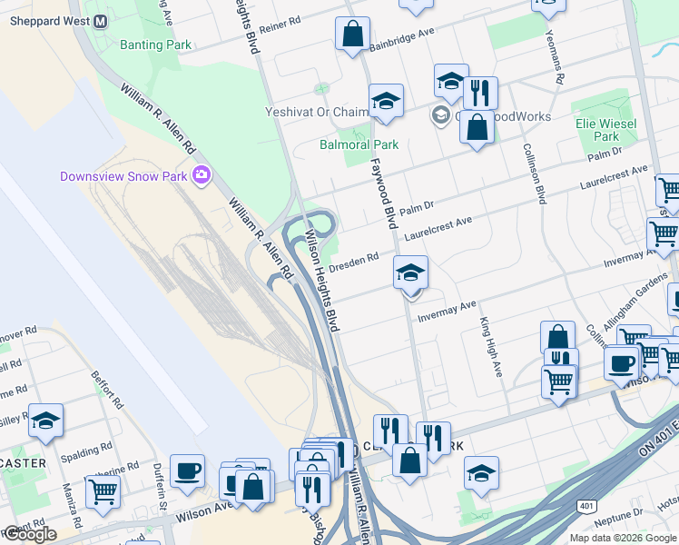 map of restaurants, bars, coffee shops, grocery stores, and more near in Toronto