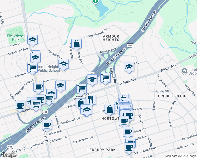 map of restaurants, bars, coffee shops, grocery stores, and more near in Toronto