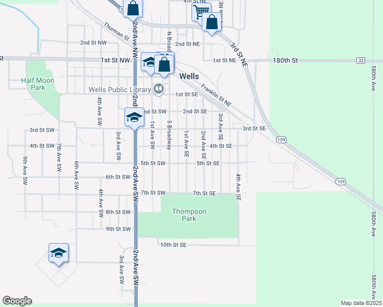 map of restaurants, bars, coffee shops, grocery stores, and more near 490 2nd Avenue Southeast in Wells
