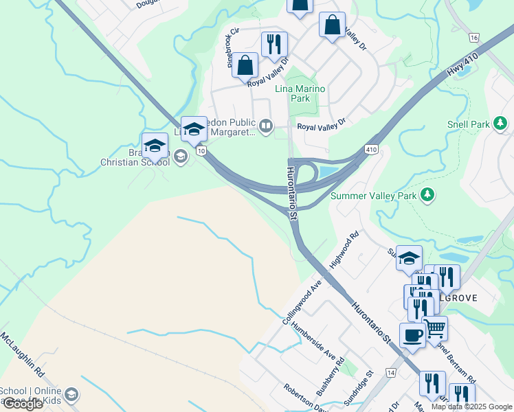 map of restaurants, bars, coffee shops, grocery stores, and more near Hutchinson Farm Lane in Regional Municipality of Peel