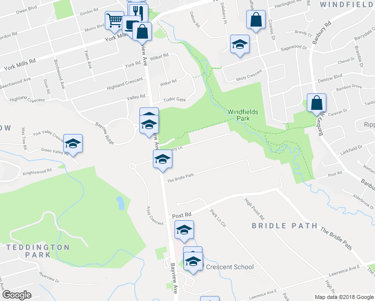 map of restaurants, bars, coffee shops, grocery stores, and more near 23 Country Lane in Toronto