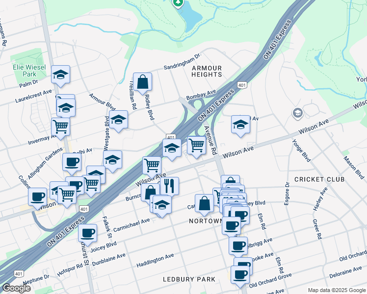 map of restaurants, bars, coffee shops, grocery stores, and more near in Toronto