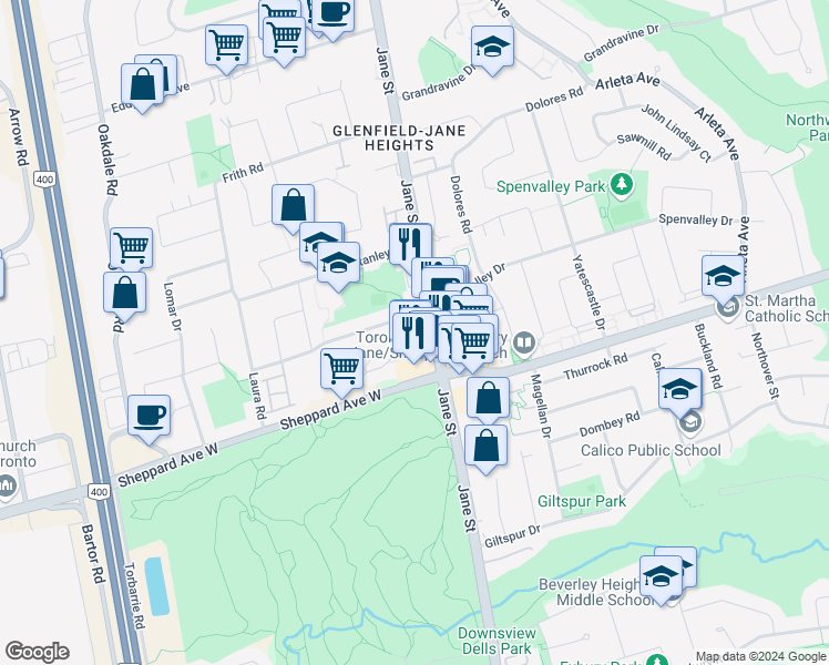 map of restaurants, bars, coffee shops, grocery stores, and more near 2528 Jane Street in Toronto