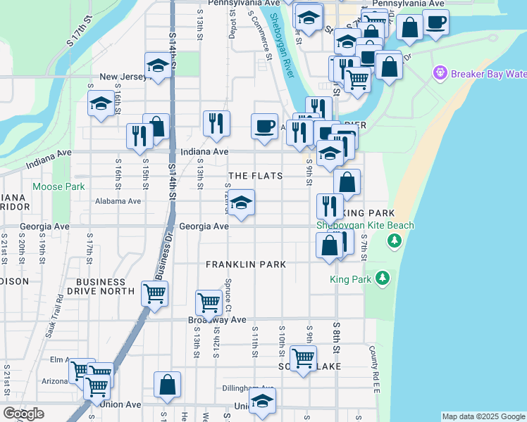 map of restaurants, bars, coffee shops, grocery stores, and more near 1016 Georgia Avenue in Sheboygan