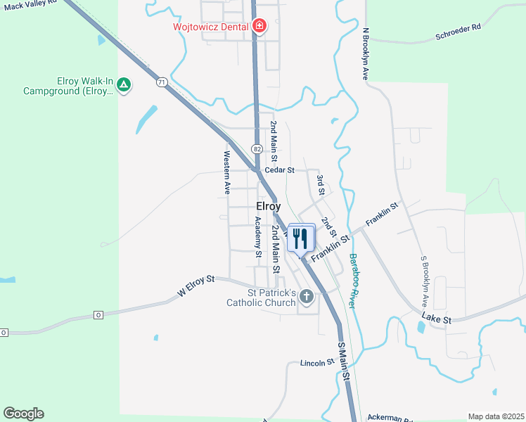 map of restaurants, bars, coffee shops, grocery stores, and more near 108 County Road O in Elroy