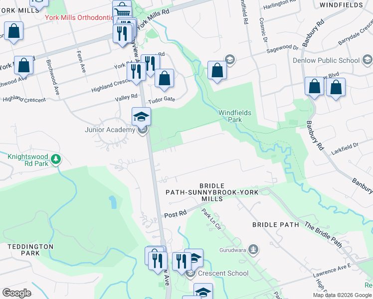 map of restaurants, bars, coffee shops, grocery stores, and more near 25 Country Lane in Toronto