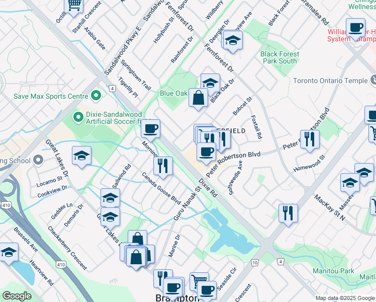 map of restaurants, bars, coffee shops, grocery stores, and more near 92 Blue Spruce Street in Brampton
