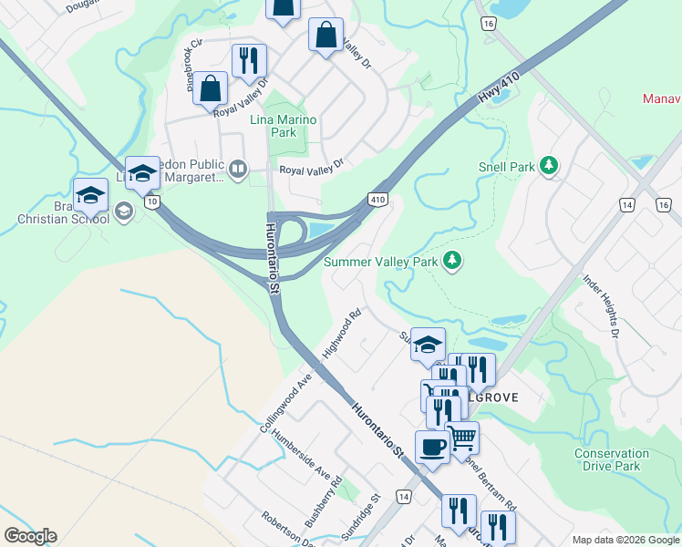 map of restaurants, bars, coffee shops, grocery stores, and more near 28 Donherb Crescent in Brampton