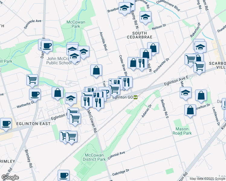 map of restaurants, bars, coffee shops, grocery stores, and more near 15 Torrance Road in Toronto