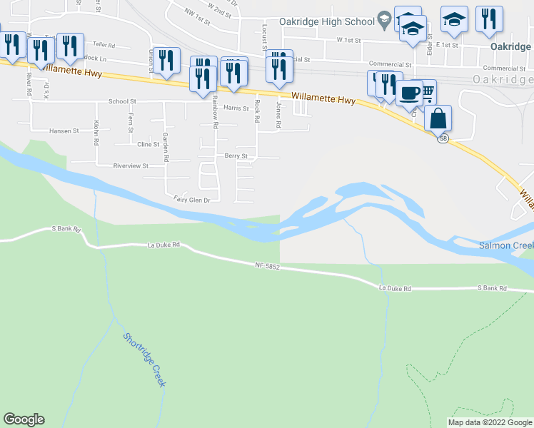 map of restaurants, bars, coffee shops, grocery stores, and more near 47828 Berry St in Oakridge