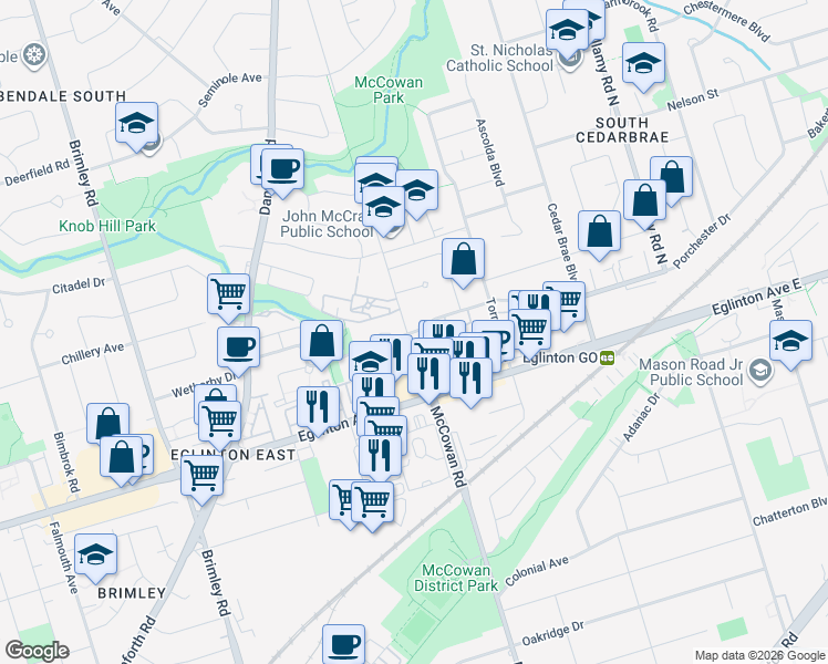 map of restaurants, bars, coffee shops, grocery stores, and more near Trudelle Street in Toronto