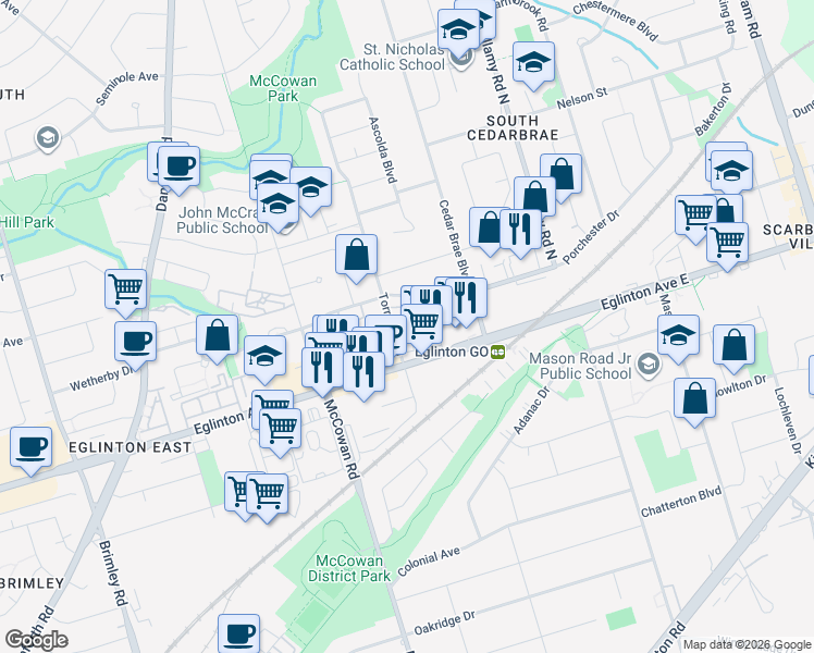 map of restaurants, bars, coffee shops, grocery stores, and more near 2956 Eglinton Avenue East in Toronto