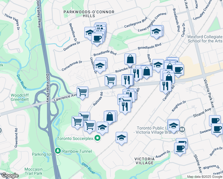 map of restaurants, bars, coffee shops, grocery stores, and more near 201 Lawrence Avenue East in Toronto