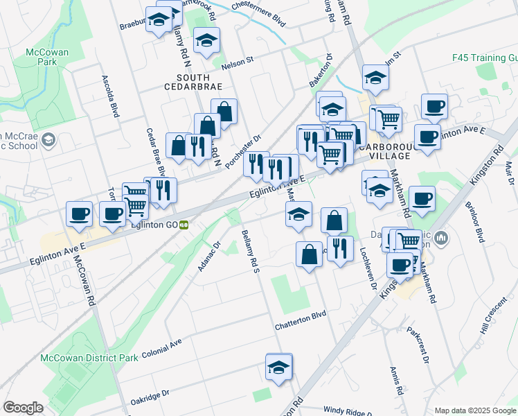 map of restaurants, bars, coffee shops, grocery stores, and more near 140 Adanac Drive in Toronto