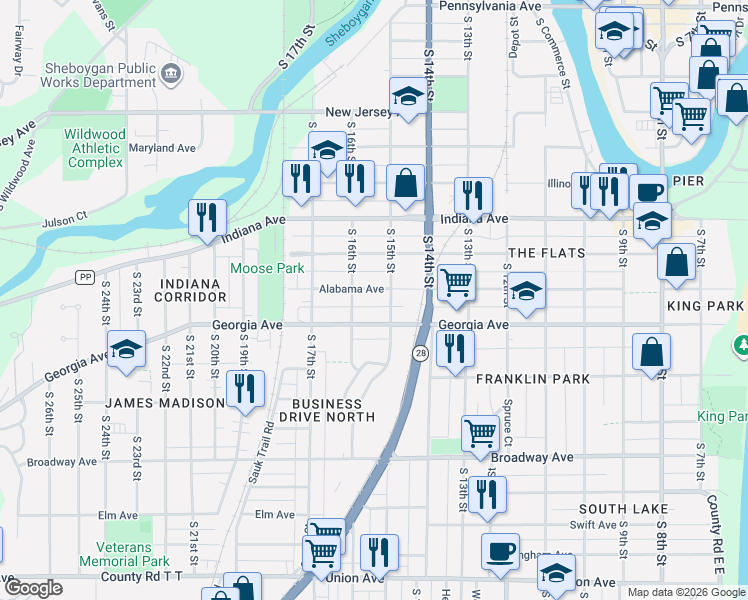 map of restaurants, bars, coffee shops, grocery stores, and more near 1534 Georgia Avenue in Sheboygan