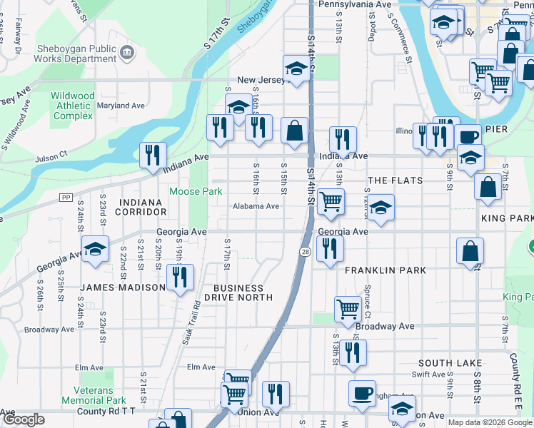 map of restaurants, bars, coffee shops, grocery stores, and more near 1534 Georgia Avenue in Sheboygan
