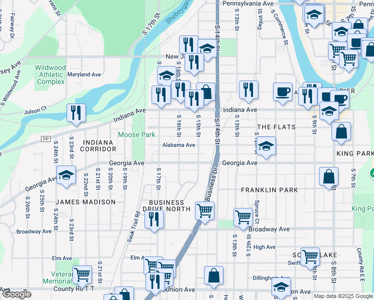 map of restaurants, bars, coffee shops, grocery stores, and more near 1534 Georgia Avenue in Sheboygan