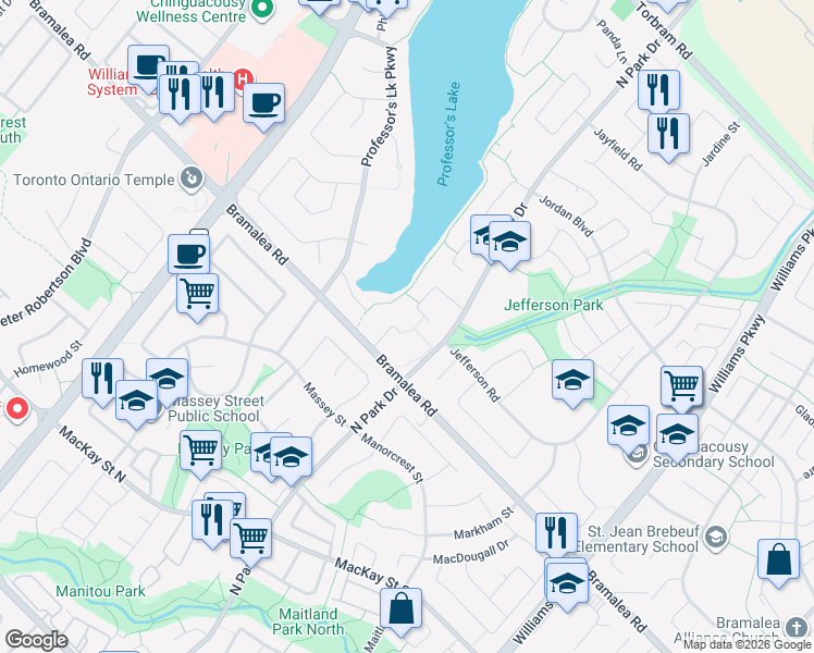 map of restaurants, bars, coffee shops, grocery stores, and more near 18 Trillium Court in Brampton
