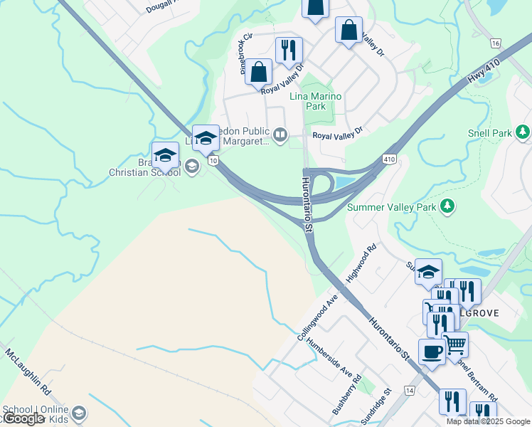 map of restaurants, bars, coffee shops, grocery stores, and more near Hutchinson Farm Lane in Regional Municipality of Peel