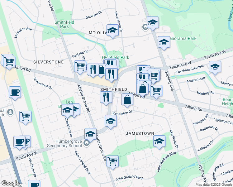 map of restaurants, bars, coffee shops, grocery stores, and more near 6415 Finch Avenue West in Toronto