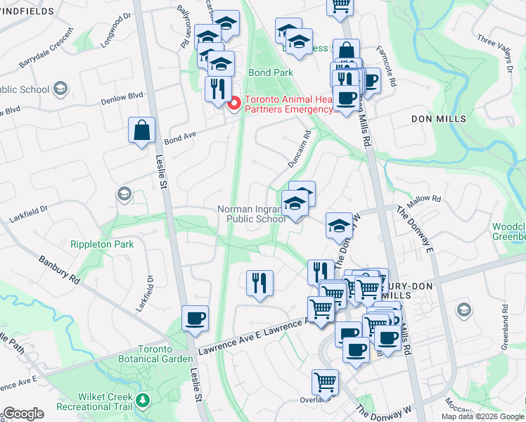 map of restaurants, bars, coffee shops, grocery stores, and more near 2 Hemford Crescent in Toronto