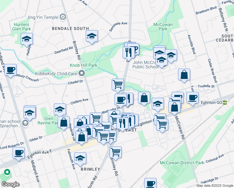 map of restaurants, bars, coffee shops, grocery stores, and more near 1290 Danforth Road in Toronto