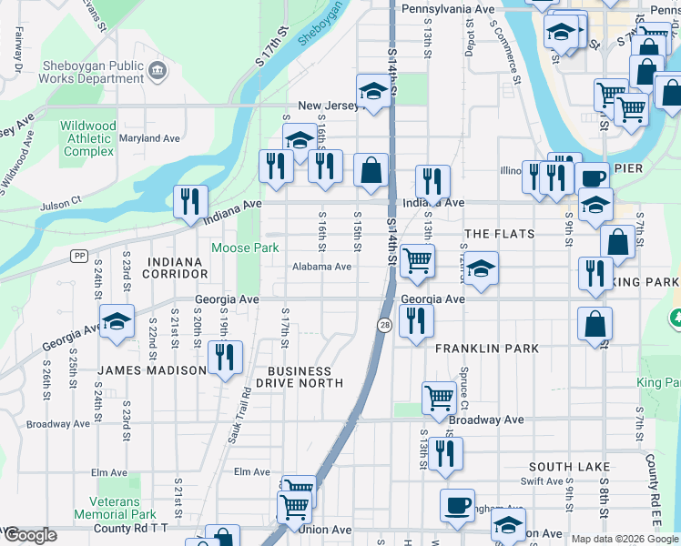 map of restaurants, bars, coffee shops, grocery stores, and more near 1219 South 16th Street in Sheboygan