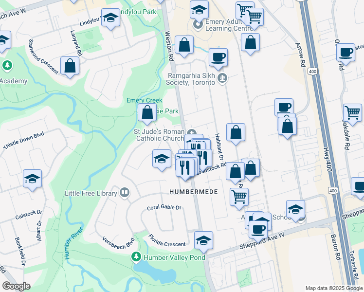 map of restaurants, bars, coffee shops, grocery stores, and more near 3266 Weston Road in Toronto
