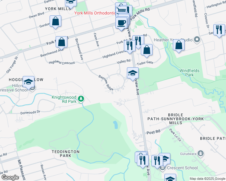map of restaurants, bars, coffee shops, grocery stores, and more near 75 Bayview Ridge in Toronto
