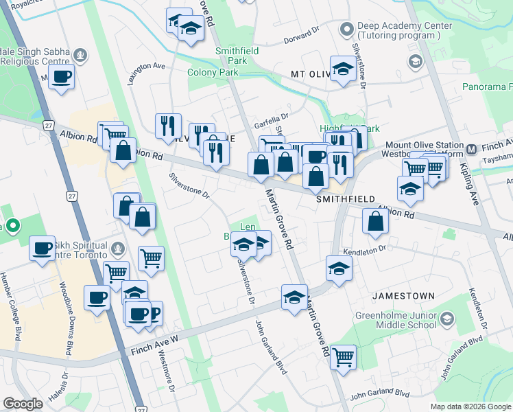 map of restaurants, bars, coffee shops, grocery stores, and more near 2014 Martin Grove Road in Toronto