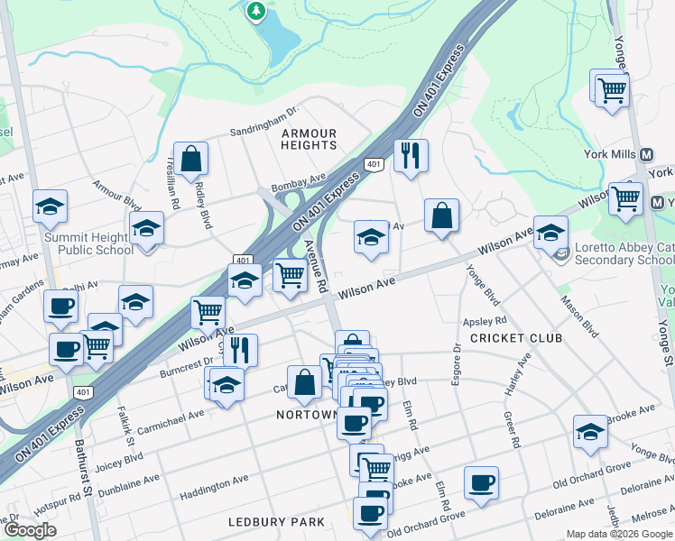 map of restaurants, bars, coffee shops, grocery stores, and more near 2175 Avenue Road in Toronto