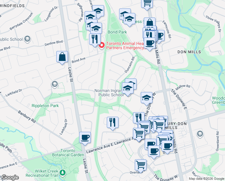 map of restaurants, bars, coffee shops, grocery stores, and more near 2 Hemford Crescent in Toronto