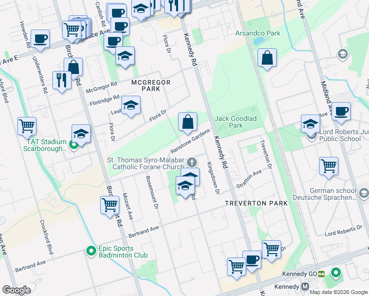 map of restaurants, bars, coffee shops, grocery stores, and more near 85 Ranstone Gardens in Toronto