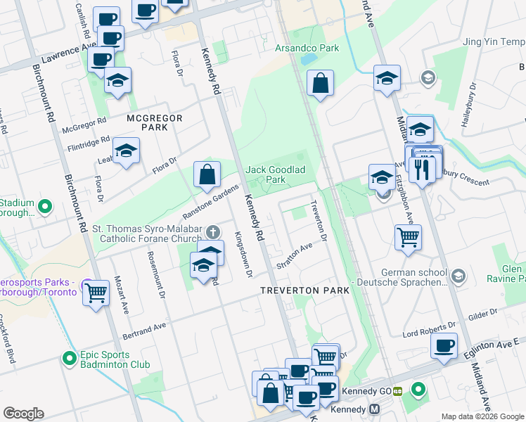 map of restaurants, bars, coffee shops, grocery stores, and more near 44 Mooregate Avenue in Toronto