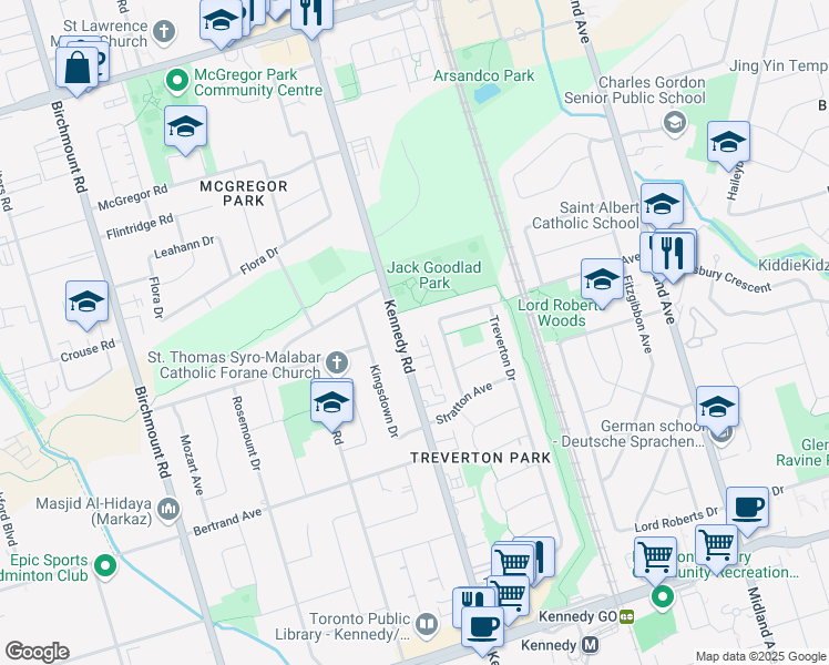 map of restaurants, bars, coffee shops, grocery stores, and more near 44 Mooregate Avenue in Toronto