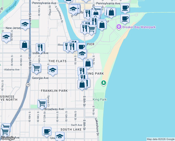 map of restaurants, bars, coffee shops, grocery stores, and more near 1217 South 8th Street in Sheboygan