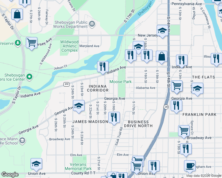 map of restaurants, bars, coffee shops, grocery stores, and more near 1217 South 20th Street in Sheboygan