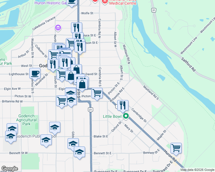 map of restaurants, bars, coffee shops, grocery stores, and more near 163 Elgin Avenue East in Goderich