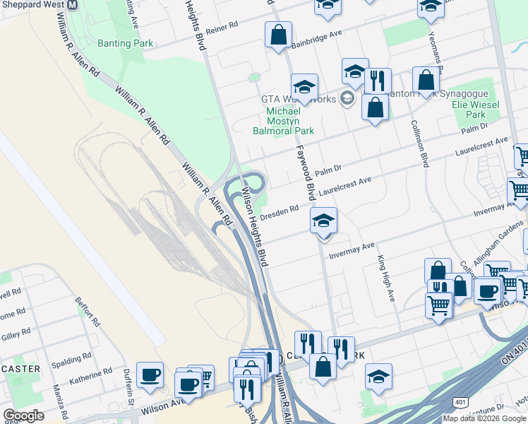 map of restaurants, bars, coffee shops, grocery stores, and more near 34 Dresden Road in Toronto