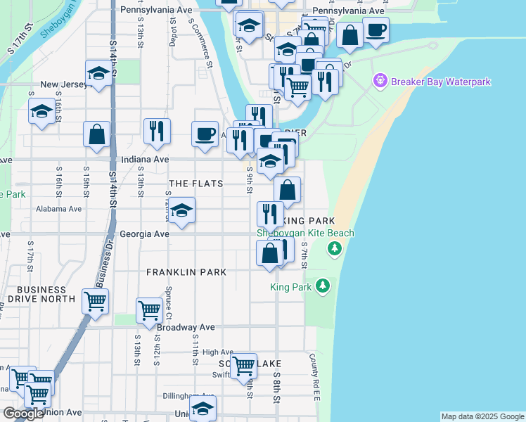 map of restaurants, bars, coffee shops, grocery stores, and more near 819 Kentucky Avenue in Sheboygan