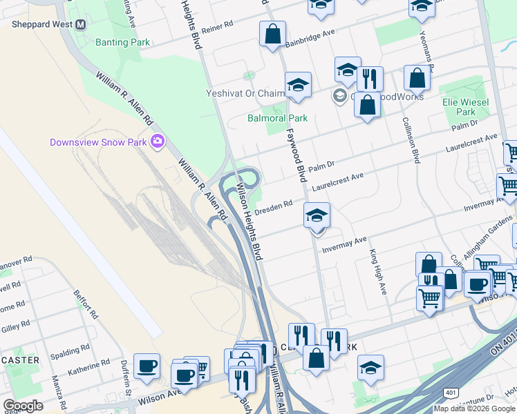 map of restaurants, bars, coffee shops, grocery stores, and more near in Toronto