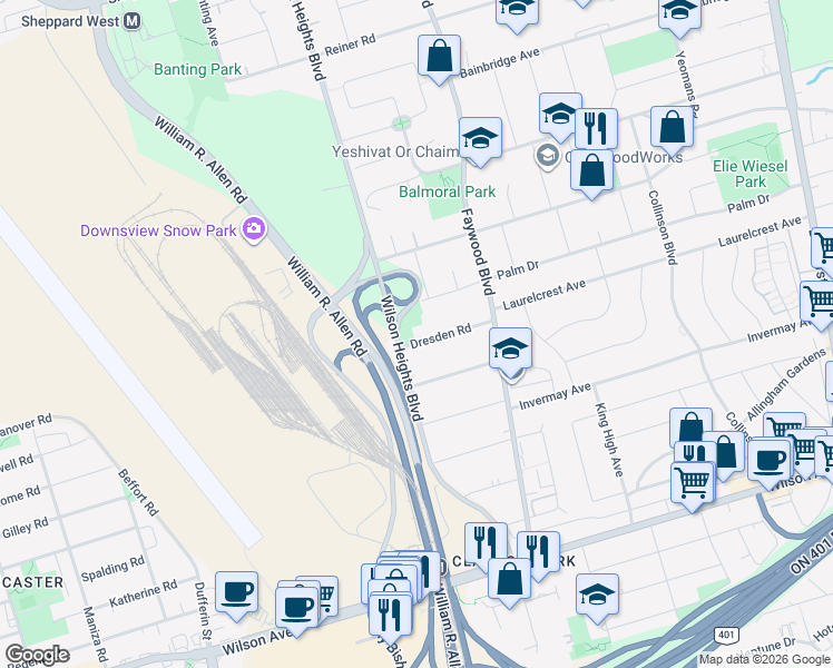 map of restaurants, bars, coffee shops, grocery stores, and more near 34 Dresden Road in Toronto