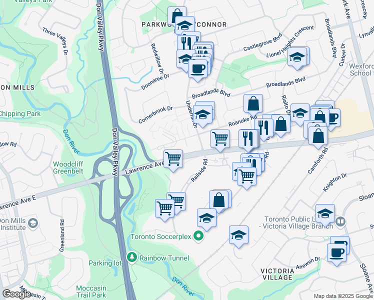 map of restaurants, bars, coffee shops, grocery stores, and more near 10 Nordic Place in Toronto