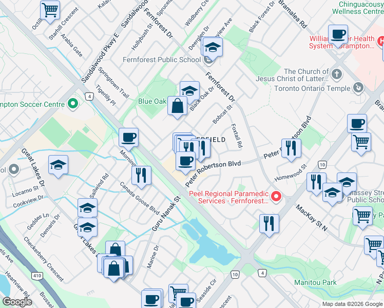 map of restaurants, bars, coffee shops, grocery stores, and more near 26 Amazon Court in Brampton